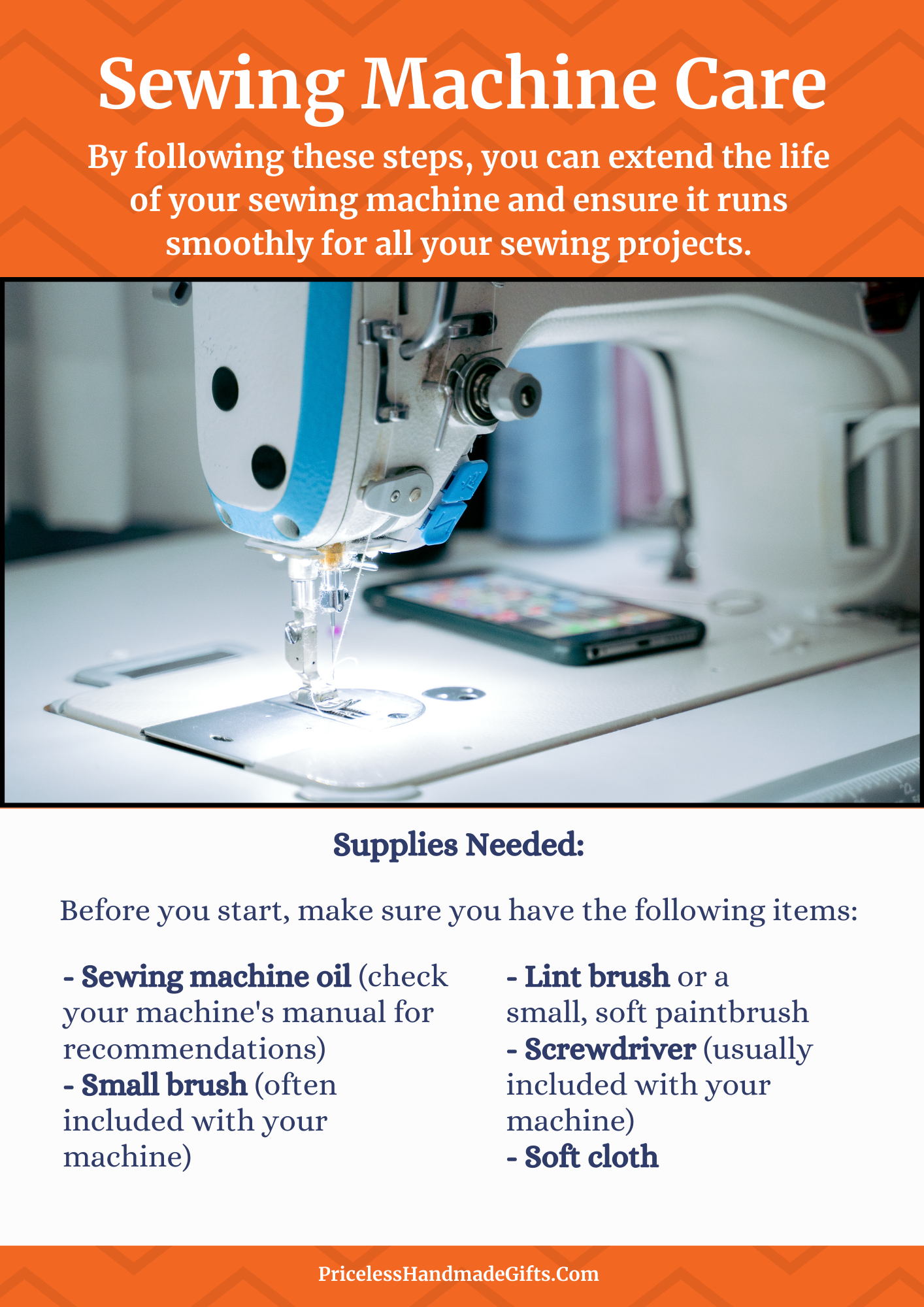 An image of a sewing machine with a list of supplies needed for sewing machine care.