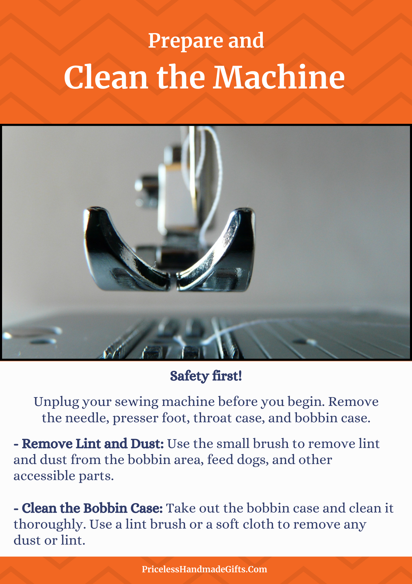 An image of a pressure foot on a sewing machine with instructions for cleaning it.