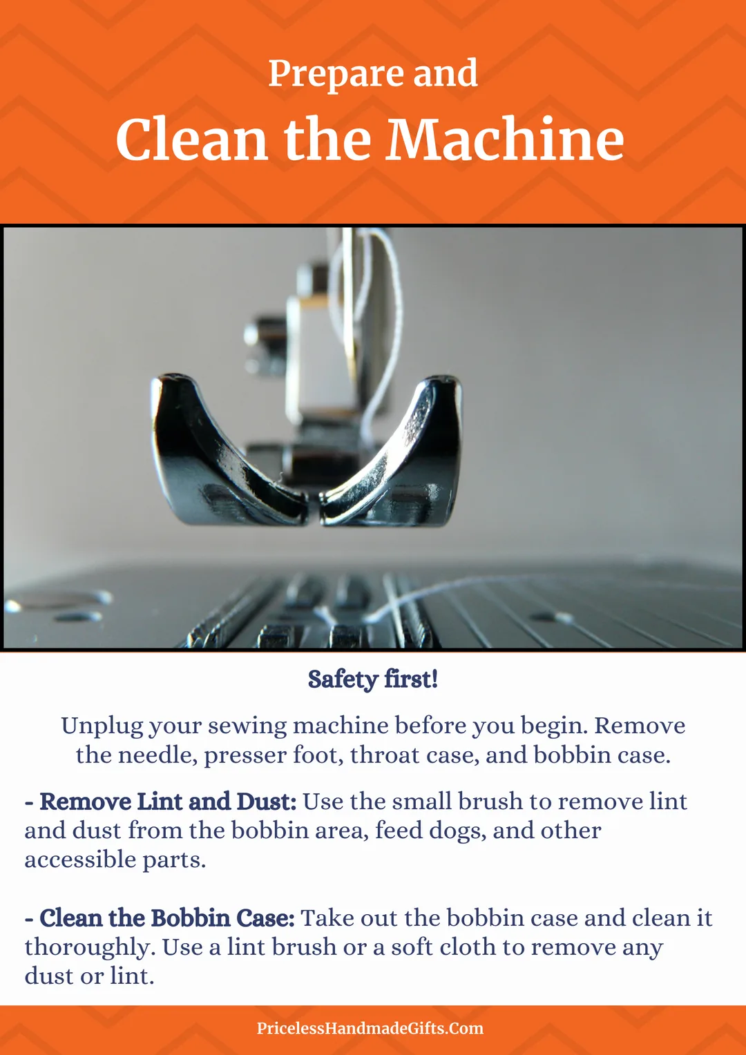 An image of a pressure foot on a sewing machine with instructions for cleaning it.