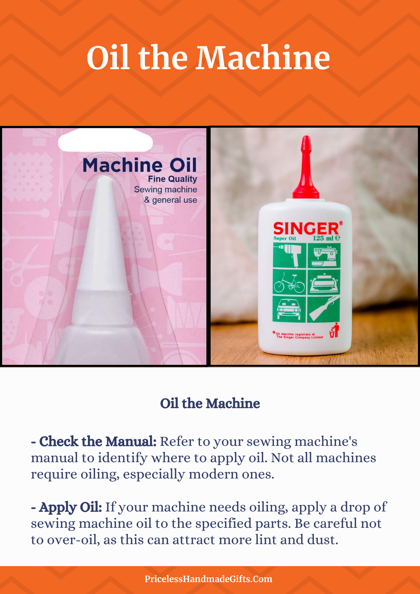 An image of machine oil in a container, with instructions for oiling a sewing machine for maintenance.