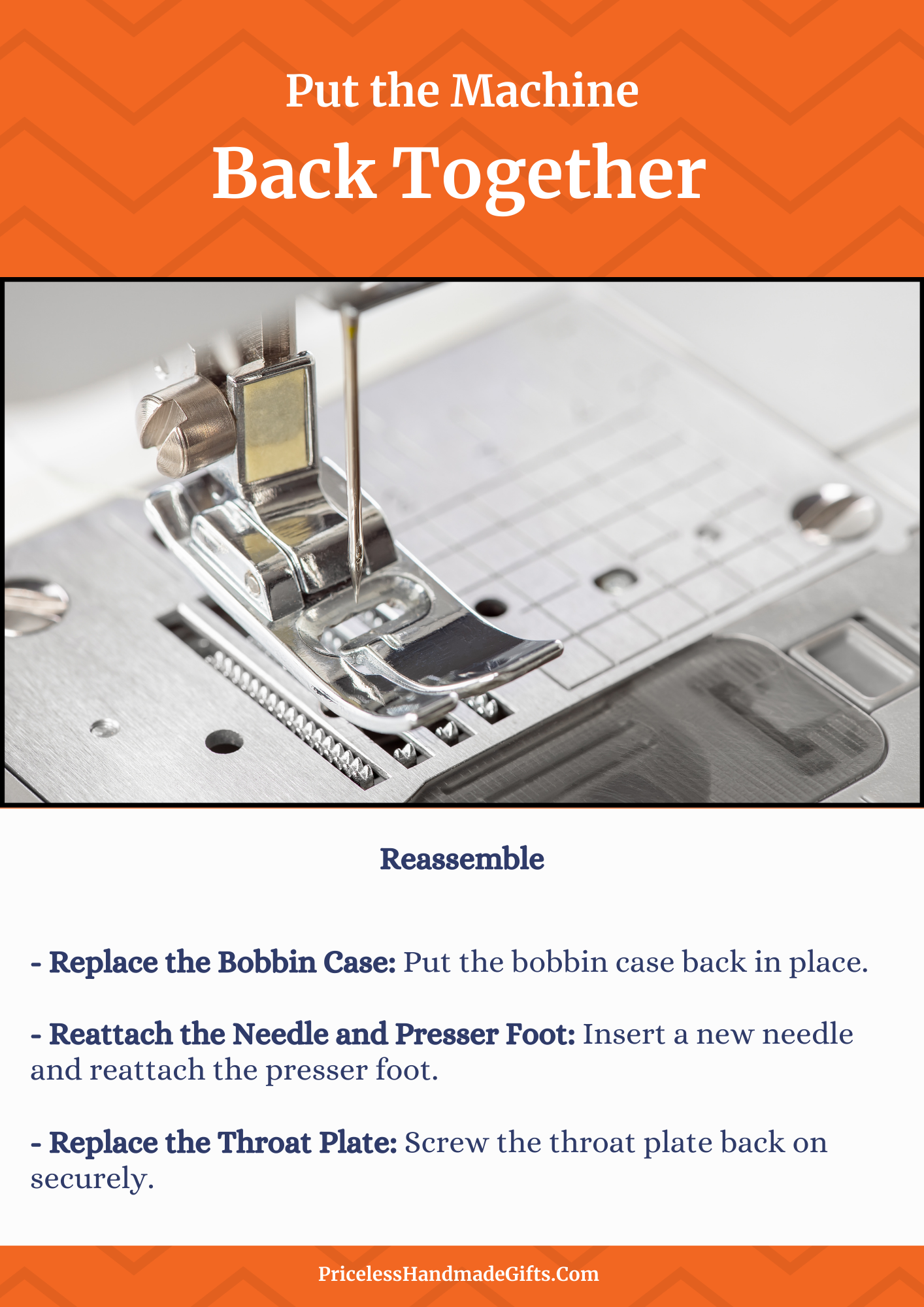 An image of a needle and pressure foot on a sewing machine, with directions on how to reassemble parts after maintenance.