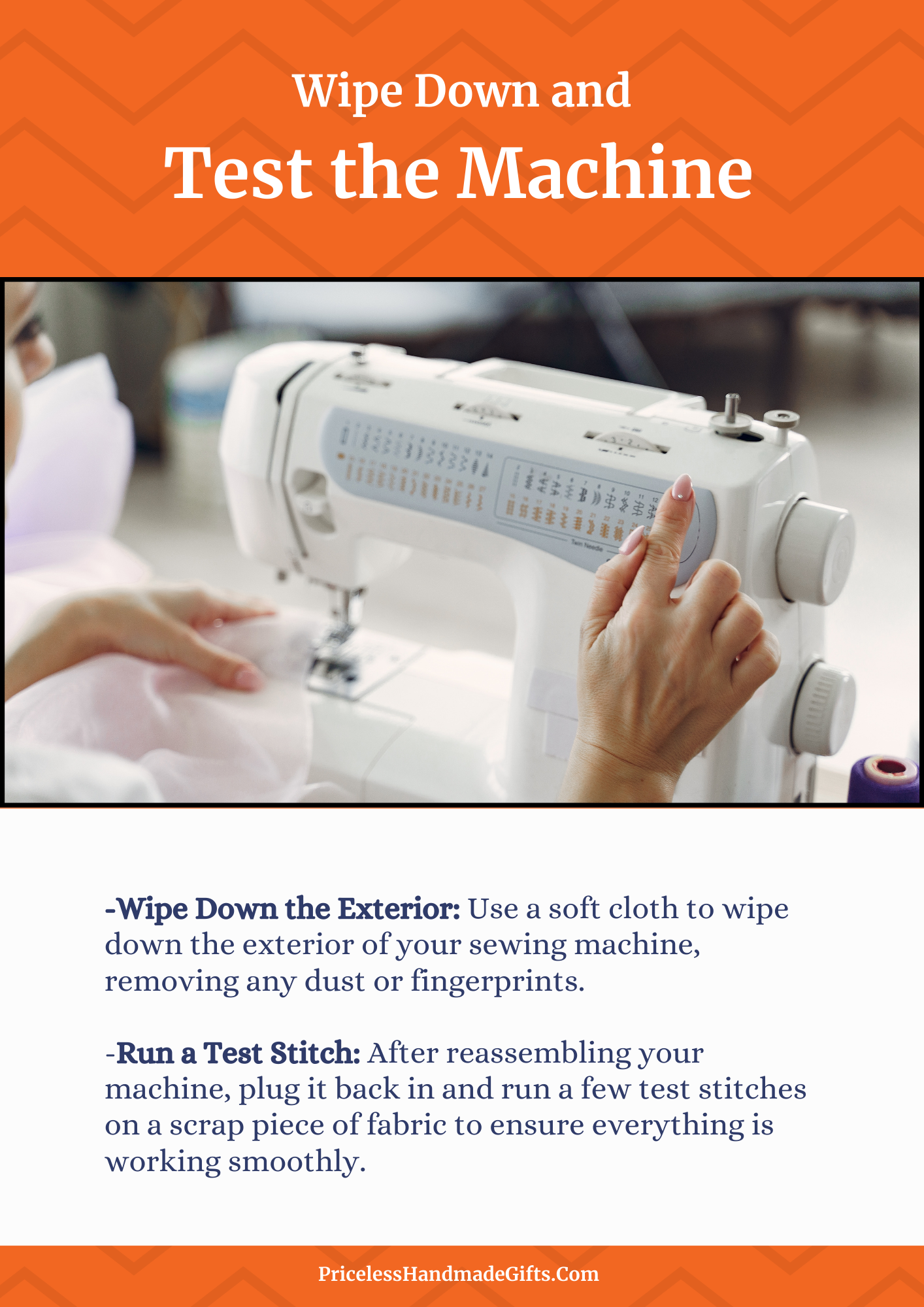 An image of a hand pressing a button on a white sewing machine, with instructions for cleaning and testing the machine.