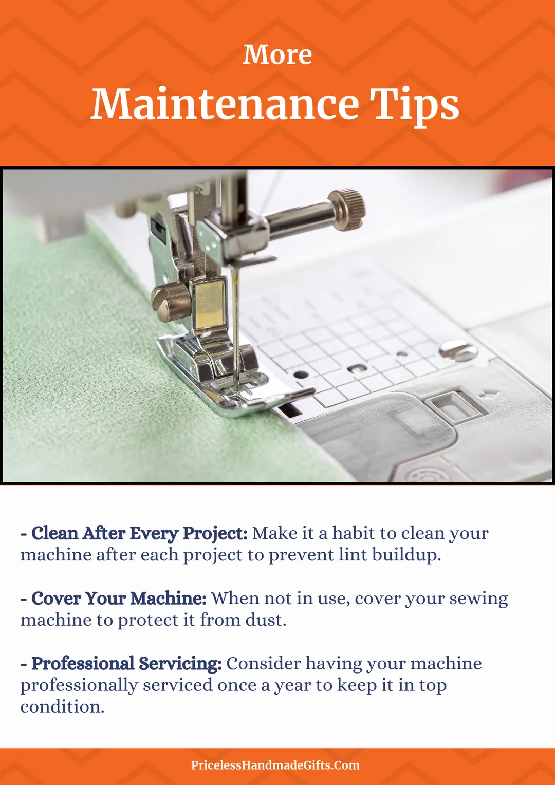 An image of a needle and pressure foot on a sewing machine with instructions for standard sewing machine maintenance tips.