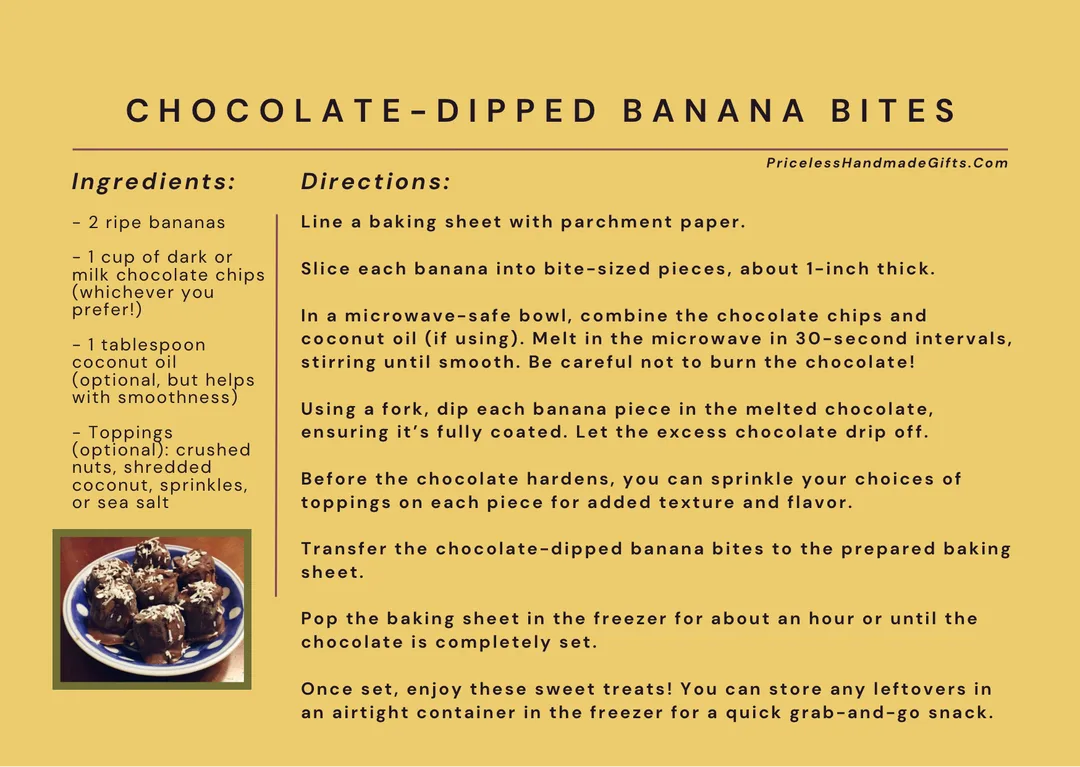 Recipe for chocolate-dipped banana bites.