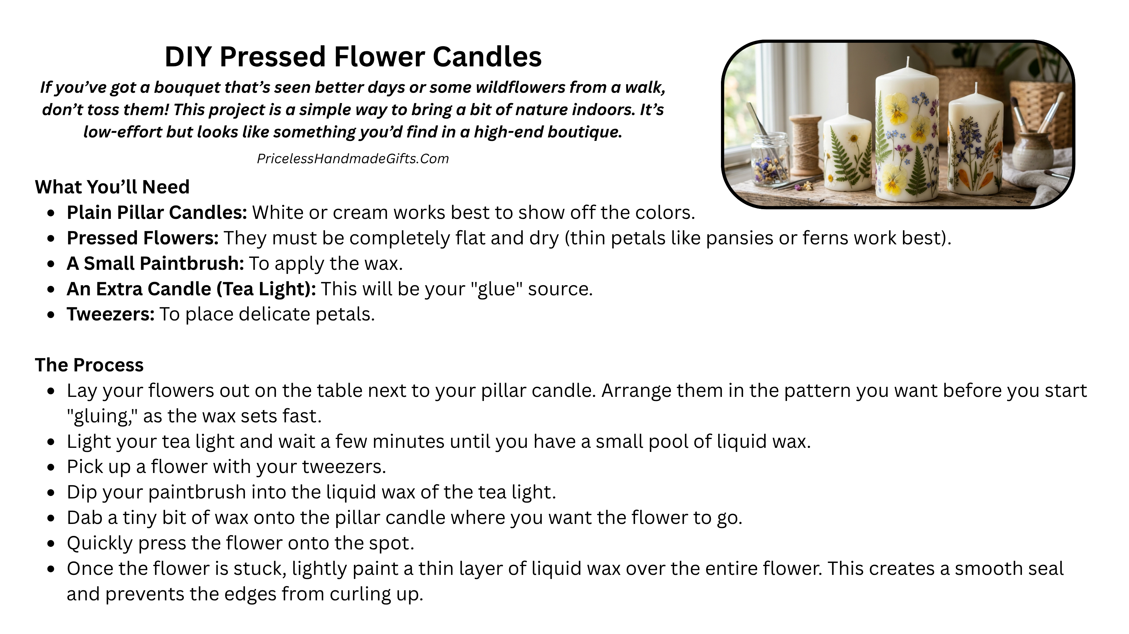Directions for DIY Pressed Flower Candles