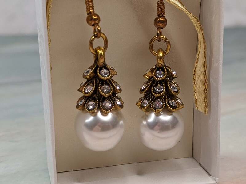Jeweled Gold Pearl Drop Earrings