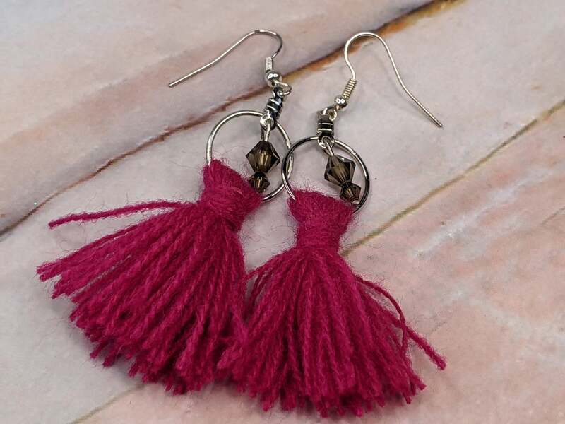 Dark Pink Tassel Earrings with Beads