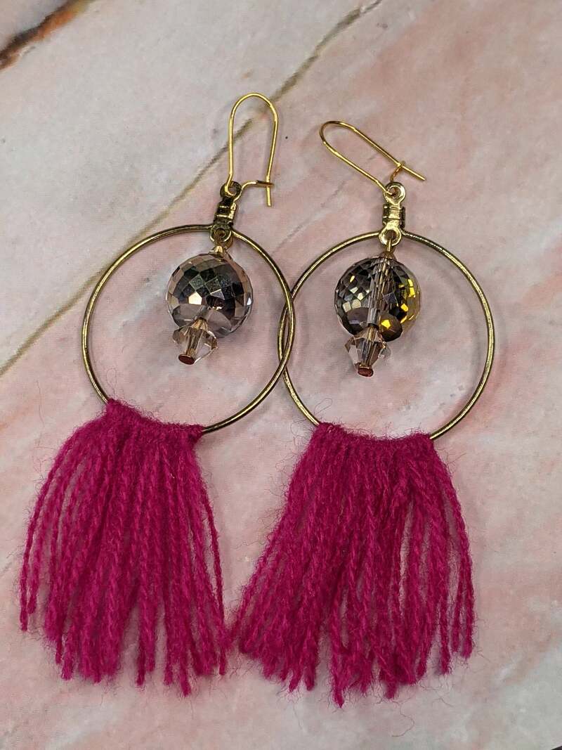 Pink Tassel Gold Hoop Earrings