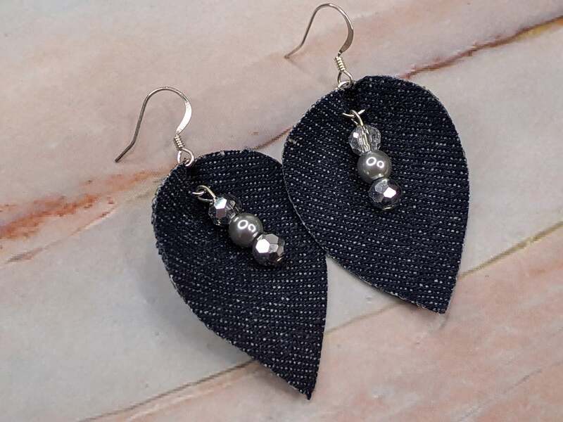 Denim Earrings with Silver Beads