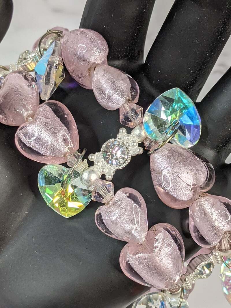 Pink Heart Bracelet with Swarovski Heart Charms