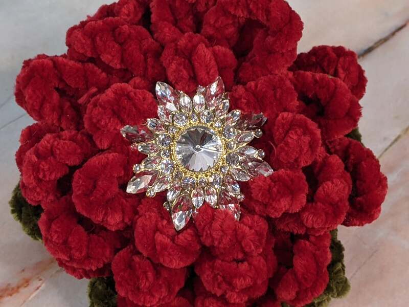 Crochet Red Velvet Rhinestone Flower Clip
