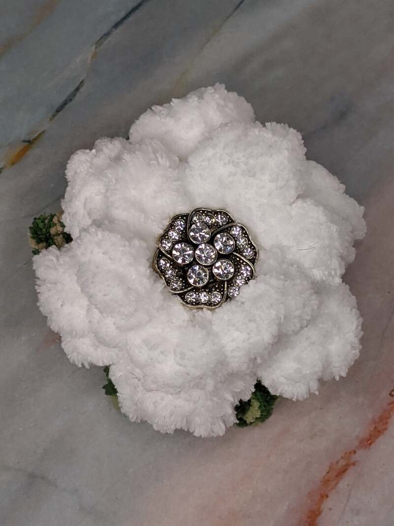 Fluffy White Crochet Flower Clip with Rhinestones