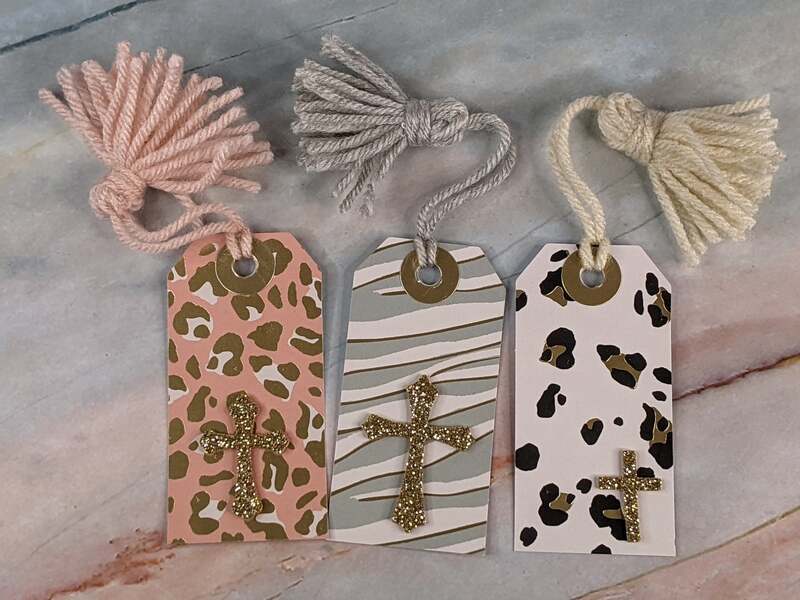 A Set of 3 Pretty Gift Tags with Glittery Cross Embellishments and Cute Yarn Tassels.
